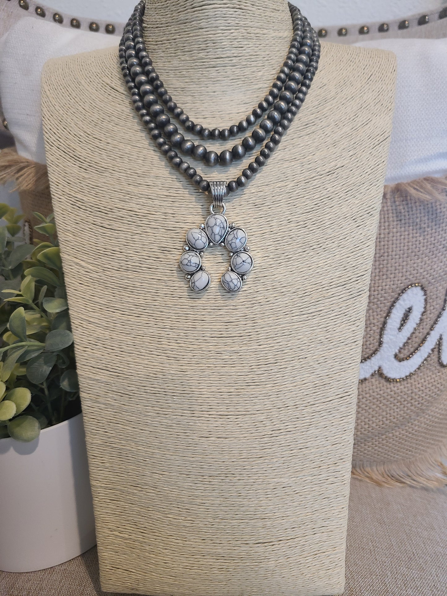Gunmetal Mini White Squash Blossom Necklace