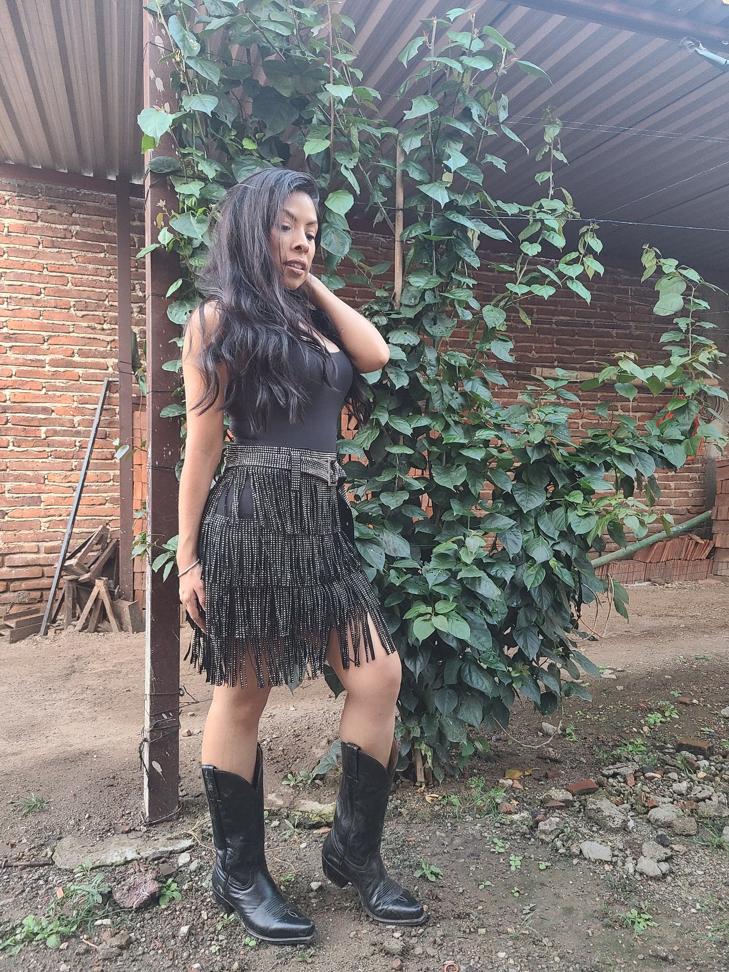 Cha Cha Black Fringe Stud Skirt