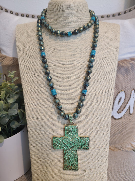 Blue beaded Extra Long Cross Necklace