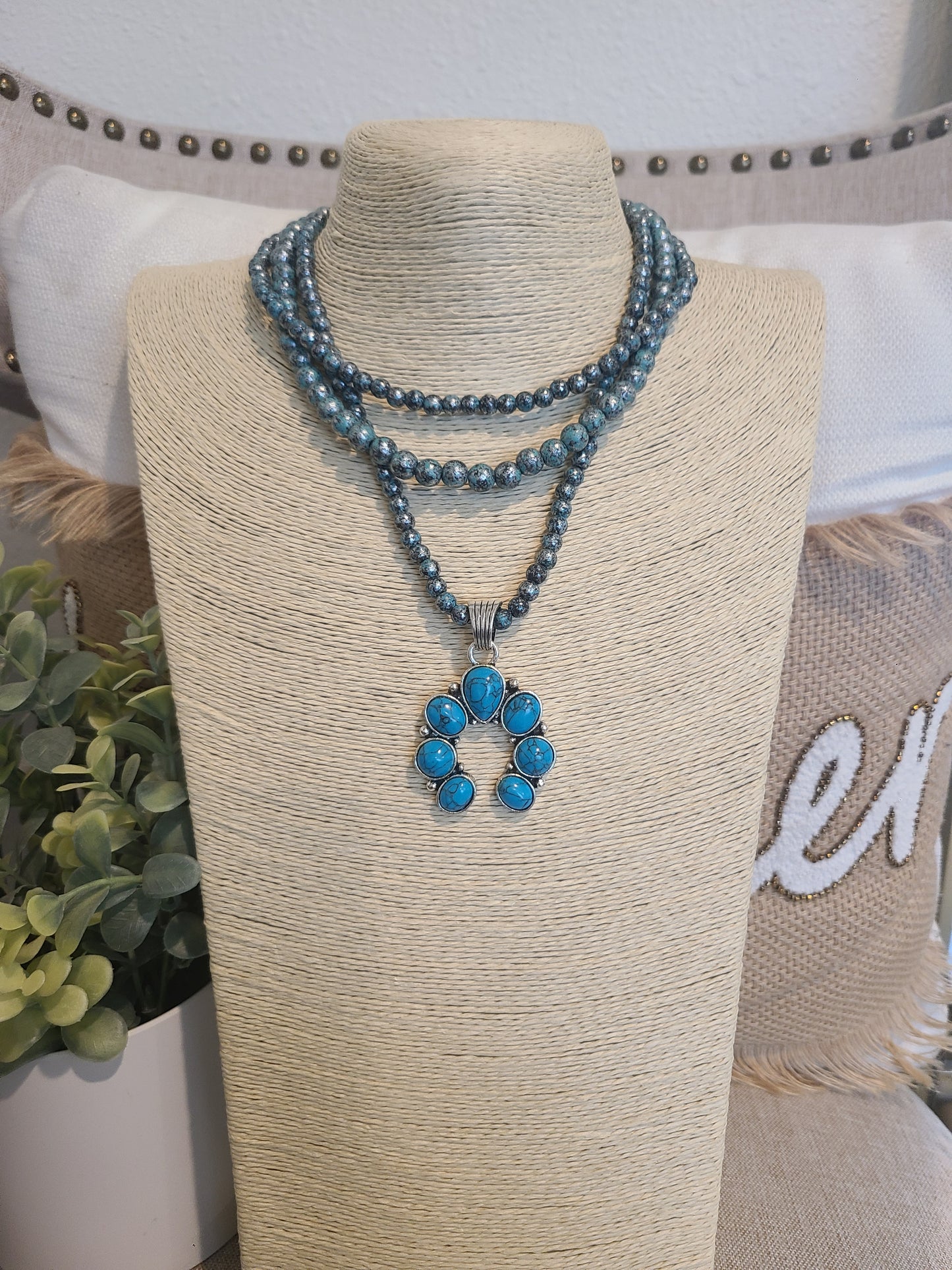 Blue bead Layered Turquoise Mini Squash Blossom Necklace