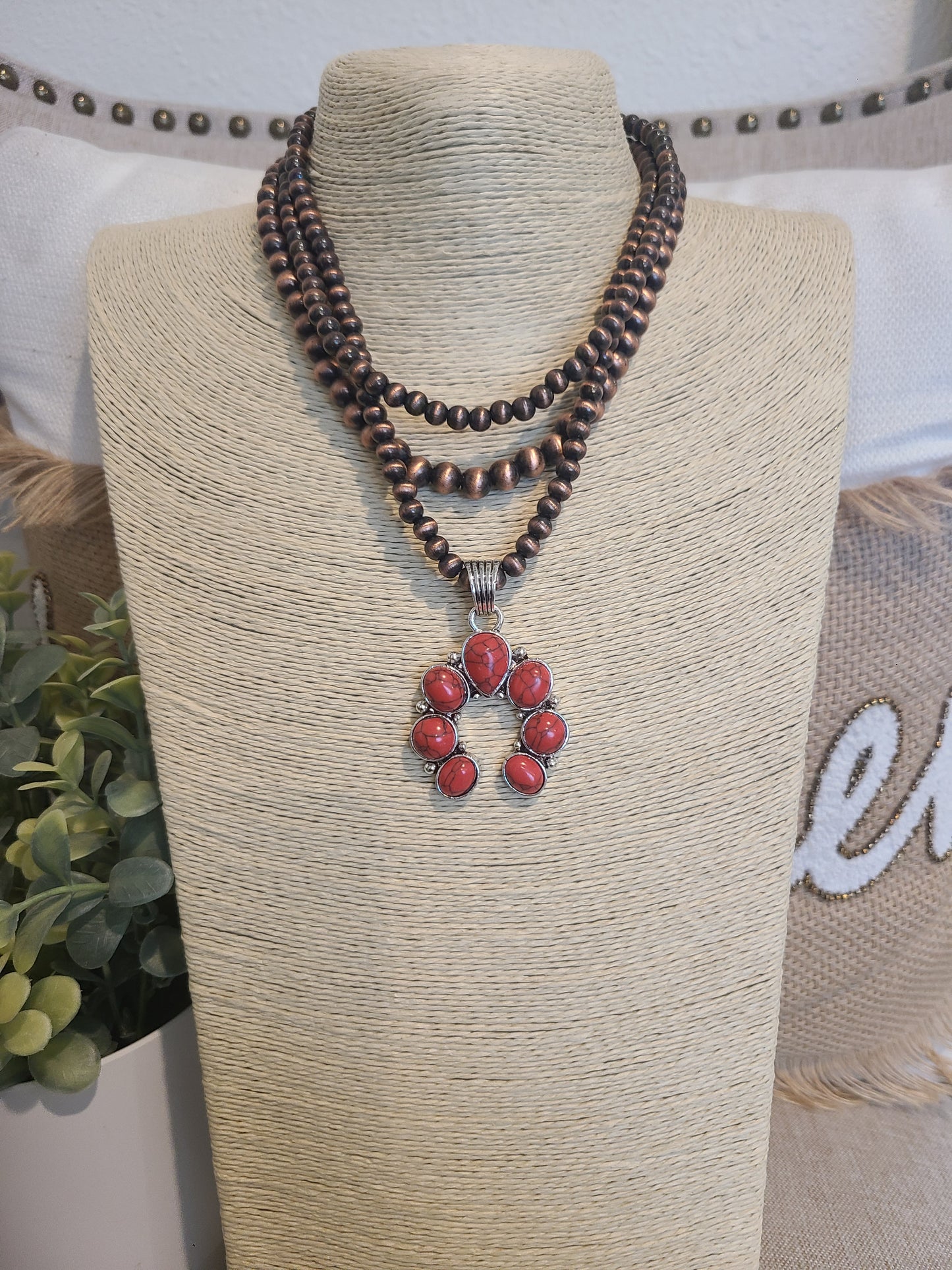 Bronze Bead Layered Mini Red Squash Blossom Necklace
