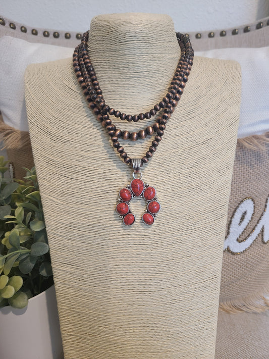 Bronze Bead Layered Mini Red Squash Blossom Necklace